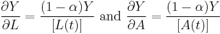 \frac{ \partial Y}{ \partial L} = \frac{ (1 - {\alpha})Y }{[L(t)]} \text{ and  } \frac{ \partial Y}{ \partial A} = \frac{ (1 - {\alpha})Y }{[A(t)]} 