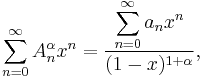 \sum_{n=0}^\infty A_n^\alpha x^n=\frac{\displaystyle{\sum_{n=0}^\infty a_nx^n}}{(1-x)^{1%2B\alpha}},