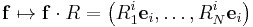 \mathbf{f}\mapsto \mathbf{f}\cdot R = \left( R_1^i \mathbf{e}_i, \dots, R_N^i\mathbf{e}_i\right)