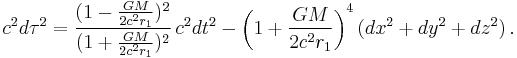 
c^2 {d \tau}^{2} = \frac{(1-\frac{GM}{2c^2 r_1})^{2}}{(1%2B\frac{GM}{2c^2 r_1})^{2}} \, c^2 {d t}^2 - \left(1%2B\frac{GM}{2c^2 r_1}\right)^{4}(dx^2%2Bdy^2%2Bdz^2)
\,.