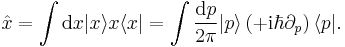 \hat x=\int \mathrm{d} x |x\rangle x \langle x| = \int \frac{\mathrm{d} p}{2\pi} |p\rangle \left(%2B\mathrm{i}\hbar \part_p\right) \langle p |.