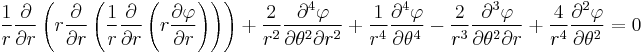 
\frac{1}{r} \frac{\partial}{\partial r} \left(r \frac{\partial}{\partial r} \left(\frac{1}{r} \frac{\partial}{\partial r} \left(r \frac{\partial \varphi}{\partial r}\right)\right)\right)
 %2B \frac{2}{r^2} \frac{\partial^4 \varphi}{\partial \theta^2 \partial r^2}
 %2B \frac{1}{r^4} \frac{\partial^4 \varphi}{\partial \theta^4}
 - \frac{2}{r^3} \frac{\partial^3 \varphi}{\partial \theta^2 \partial r}
 %2B \frac{4}{r^4} \frac{\partial^2 \varphi}{\partial \theta^2} = 0
