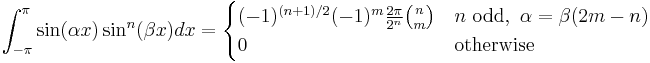 \int_{-\pi}^\pi \sin(\alpha x) \sin^n(\beta x) dx = \begin{cases}
(-1)^{(n%2B1)/2} (-1)^m \frac{2 \pi}{2^n} \binom{n}{m} & n \text{ odd},\ \alpha = \beta (2m-n) \\
0 & \text{otherwise}
\end{cases} 