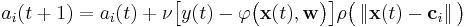   a_i (t%2B1) = a_i(t) %2B \nu \big [ y(t) - \varphi \big (  \mathbf{x}(t), \mathbf{w} \big ) \big ] \rho \big ( \left \Vert \mathbf{x}(t) - \mathbf{c}_i  \right \Vert \big ) 