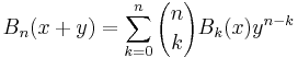 B_n(x%2By)=\sum_{k=0}^n {n \choose k} B_k(x) y^{n-k}