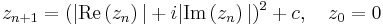 z_{n%2B1} = (|\operatorname{Re} \left(z_n\right)|%2Bi|\operatorname{Im} \left(z_n\right)|)^2 %2B c, \quad z_0=0