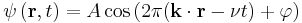 \psi \left({\mathbf r}, t \right) = A \cos \left(2\pi({\mathbf k} \cdot {\mathbf r} - \nu t) %2B \varphi \right)