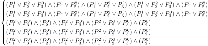 
\begin{cases}
(P_1^1 \or P_2^2 \or P_3^0) \and (P_1^1 \or P_2^2) \and (P_1^1 \or P_2^2 \or P_3^0) \and (P_1^1 \or P_2^2 \or P_3^0) \and (P_1^1 \or P_2^2) \\ 
(P_1^1 \or P_2^2 \or P_3^0) \and (P_1^1 \or P_2^2) \and (P_1^1 \or P_2^2 \or P_3^0) \and (P_1^1 \or P_2^2 \or P_3^0) \and (P_1^1 \or P_2^2) \\
(P_1^2 \or P_3^0) \and (P_2^0) \and (P_1^2 \or P_3^0) \and (P_1^2 \or P_2^0 \or P_3^0) \and (P_2^0) \\
(P_1^2 \or P_3^0) \and (P_2^0) \and (P_1^2 \or P_3^0) \and (P_1^2 \or P_2^0 \or P_3^0) \and (P_2^0) \\
(P_1^2 \or P_3^0) \and (P_2^0) \and (P_1^2 \or P_3^0) \and (P_1^2 \or P_2^0 \or P_3^0) \and (P_2^0)
\end{cases}
