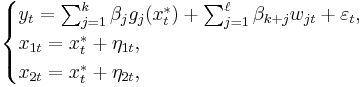 \begin{cases}
    y_t = \textstyle \sum_{j=1}^k \beta_j g_j(x^*_t) %2B \sum_{j=1}^\ell \beta_{k%2Bj}w_{jt} %2B \varepsilon_t, \\
    x_{1t} = x^*_t %2B \eta_{1t}, \\
    x_{2t} = x^*_t %2B \eta_{2t},
  \end{cases}