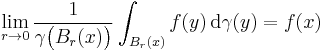 \lim_{r \to 0} \frac1{\gamma \big( B_{r} (x) \big)} \int_{B_{r} (x)} f(y) \, \mathrm{d} \gamma(y) = f(x)