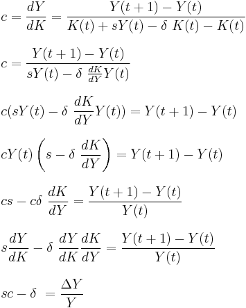 
\begin{align}
& c= \frac{dY}{dK}=\frac{Y(t%2B1) - Y(t)}{K(t) %2B sY(t) - \delta\ K(t) - K(t)} \\[8pt]
& c= \frac{Y(t%2B1) - Y(t)}{sY(t) - \delta\ \frac{dK}{dY} Y(t)} \\[8pt]
& c(sY(t) - \delta\ \frac{dK}{dY} Y(t))=Y(t%2B1) - Y(t) \\[8pt]
& cY(t)\left(s - \delta\ \frac{dK}{dY}\right) = Y(t%2B1) - Y(t) \\[8pt]
& cs - c \delta\ \frac{dK}{dY}=\frac{Y(t%2B1) - Y(t)}{Y(t)} \\[8pt]
& s \frac{dY}{dK} - \delta\ \frac{dY}{dK} \frac{dK}{dY}=\frac{Y(t%2B1) - Y(t)}{Y(t)} \\[8pt]
& s c - \delta\ = \frac{ \Delta Y}{Y} 
\end{align}
