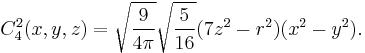 
C^2_4(x,y,z) = \sqrt{\frac{9}{4\pi}} \sqrt{\frac{5}{16}} (7z^2-r^2)(x^2-y^2).
