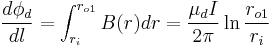 \frac{d\phi_d}{dl} = \int_{r_i}^{r_{o1}} B(r) dr = \frac{\mu_d I}{2 \pi} \ln\frac{r_{o1}}{r_i} 