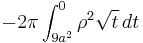 - 2 \pi \int_{9 a^2}^{0} \rho^2 \sqrt{t}\, dt