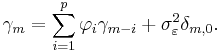 \gamma_m = \sum_{i=1}^p \varphi_i \gamma_{m-i} %2B \sigma_\varepsilon^2 \delta_{m,0}.