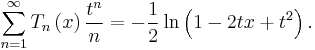 \sum\limits_{n=1}^{\infty }T_{n}\left( x\right) \frac{t^{n}}{n}=-\frac{1}{2}\ln \left( 1-2tx%2Bt^{2}\right).