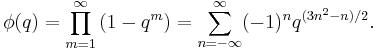 \phi(q) = \prod_{m=1}^\infty \left(1-q^m \right) =
\sum_{n=-\infty}^\infty (-1)^n q^{(3n^2-n)/2}.\, 