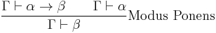 \frac{\Gamma \vdash \alpha \rightarrow \beta \qquad \Gamma \vdash \alpha}{\Gamma \vdash \beta}\text{Modus Ponens}