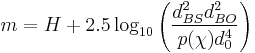 m = H %2B 2.5 \log_{10}{\left(\frac{d_{BS}^2 d_{BO}^2}{p(\chi) d_0^4}\right)}\!\,