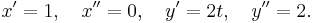 x'= 1,\quad x''=0,\quad y'= 2t,\quad y''=2.