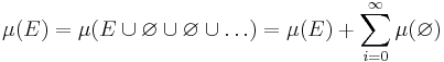 \mu(E)=\mu(E\cup\varnothing\cup\varnothing\cup\ldots)=\mu(E)%2B\sum_{i=0}^\infty \mu(\varnothing)