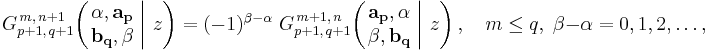 
G_{p%2B1,\,q%2B1}^{\,m,\,n%2B1} \!\left( \left. \begin{matrix} \alpha, \mathbf{a_p} \\ \mathbf{b_q}, \beta \end{matrix} \; \right| \, z \right) =
(-1)^{\beta-\alpha} \; G_{p%2B1,\,q%2B1}^{\,m%2B1,\,n} \!\left( \left. \begin{matrix} \mathbf{a_p}, \alpha \\ \beta, \mathbf{b_q} \end{matrix} \; \right| \, z \right), \quad m \leq q, \; \beta-\alpha = 0,1,2,\dots,
