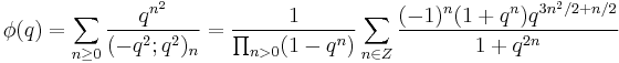 
\phi(q) = \sum_{n\ge 0} {q^{n^2}\over (-q^2;q^2)_n}  = {1\over \prod_{n>0}(1-q^n)}\sum_{n\in Z}{(-1)^n(1%2Bq^n)q^{3n^2/2%2Bn/2}\over 1%2Bq^{2n}}
