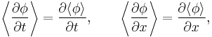 
\left\langle \frac{ \partial \phi }{ \partial t } \right\rangle = \frac{ \partial \langle \phi \rangle }{ \partial t }, \qquad 
\left\langle \frac{ \partial \phi }{ \partial x } \right\rangle = \frac{ \partial \langle \phi \rangle }{ \partial x },
