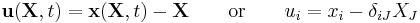 \ \mathbf u(\mathbf X,t) = \mathbf x(\mathbf X,t) - \mathbf X \qquad \text{or}\qquad u_i = x_i - \delta_{iJ}X_J