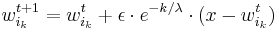  w_{i_k}^{t%2B1} = w_{i_k}^{t} %2B \epsilon\cdot  e^{-k/\lambda}\cdot (x-w_{i_k}^{t}) 