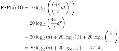 
\begin{align}
\mbox{FSPL(dB)}
  &= 10\log_{10}\left(\left(\frac{4\pi}{c}df\right)^2\right) \\
  &= 20\log_{10}\left(\frac{4\pi}{c}df\right)  \\
  &= 20\log_{10}(d) %2B 20\log_{10}(f) %2B 20\log_{10}\left(\frac{4\pi}{c}\right) \\
  &= 20\log_{10}(d) %2B 20\log_{10}(f) - 147.55
\end{align}
