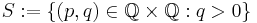 S:=\{(p,q) \in \mathbb Q\times \mathbb Q: q>0\}