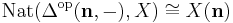 \mathrm{Nat}(\Delta^{\mathrm{op}}(\mathbf{n},-), X) \cong X(\mathbf{n})