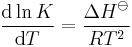 The derivative of the natural logarithm of any equilibrium constant K with respect to the [[kelvin|absolute temperature]] T equals the standard enthalpy change for the reaction divided by the product R times T squared. Here R represents the gas constant, which equals the thermal energy per mole per kelvin. The standard enthalpy is written as Delta H with a superscript plimsol mark represented by the image strikeO. This equation follows from the definition of the Gibbs energy Delta G equals R times T times the natural logarithm of K.