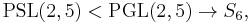 \operatorname{PSL}(2,5) < \operatorname{PGL}(2,5) \to S_6,