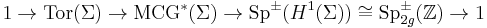 1 \to \mbox{Tor}(\Sigma) \to \mbox{MCG}^*(\Sigma) \to \mbox{Sp}^{\pm}(H^1(\Sigma)) \cong \mbox{Sp}^{\pm}_{2g}(\mathbb{Z}) \to 1