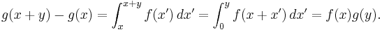 g(x%2By)-g(x) = \int_x^{x%2By} f(x')\, dx' = \int_0^y f(x%2Bx')\, dx' = f(x)g(y).