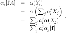 \begin{array} {rcl}
\alpha_i[\mathbf{f}A] & = & \alpha(Y_i) \\
& = & \alpha\left(\sum_j a^j_i X_j\right) \\
& = & \sum_j a^j_i \alpha(X_j) \\
& = & \sum_j  a^j_i \alpha_j[\mathbf{f}]
\end{array}.