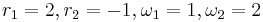 r_1 = 2, r_2 = -1, \omega_1 = 1, \omega_2 = 2