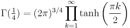 \Gamma(\tfrac14) = (2 \pi)^{3/4} \prod_{k=1}^\infty \tanh \left( \frac{\pi k}{2} \right)