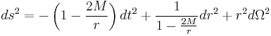 
ds^2 = -\left(1-{2M\over r}\right)dt^2 %2B {1\over 1-{2M\over r}} dr^2 %2B r^2 d\Omega^2 \;