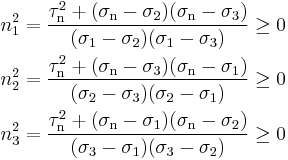 \begin{align}
n_1^2 &= \frac{\tau_\mathrm{n}^2%2B(\sigma_\mathrm{n} - \sigma_2)(\sigma_\mathrm{n} - \sigma_3)}{(\sigma_1 - \sigma_2)(\sigma_1 - \sigma_3)} \ge 0\\
n_2^2 &= \frac{\tau_\mathrm{n}^2%2B(\sigma_\mathrm{n} - \sigma_3)(\sigma_\mathrm{n} - \sigma_1)}{(\sigma_2 - \sigma_3)(\sigma_2 - \sigma_1)} \ge 0\\
n_3^2 &= \frac{\tau_\mathrm{n}^2%2B(\sigma_\mathrm{n} - \sigma_1)(\sigma_\mathrm{n} - \sigma_2)}{(\sigma_3 - \sigma_1)(\sigma_3 - \sigma_2)} \ge 0
\end{align}\,\!