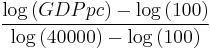 \frac{\log\left(GDPpc\right) - \log\left(100\right)} {\log\left(40000\right) - \log\left(100\right)}