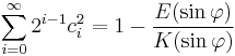 \sum_{i=0}^\infty 2^{i-1} c_i^2 = 1 - {E(\sin\varphi)\over K(\sin\varphi)}\!