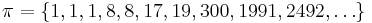 \pi=\{1, 1, 1, 8, 8, 17, 19, 300, 1991, 2492, \dots\}\;