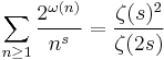 \sum_{n\ge 1} \frac{2^{\omega(n)}}{n^s} = \frac{\zeta(s)^2}{\zeta(2s)}