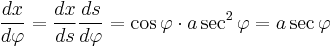 \frac{dx}{d\varphi} = \frac{dx}{ds}\frac{ds}{d\varphi}=\cos \varphi \cdot a \sec^2 \varphi= a \sec \varphi\,