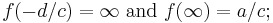 f(-d/c) = \infin \mbox{ and } f(\infin) = a/c;