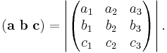 (\mathbf{a}\ \mathbf{b}\ \mathbf{c})=\left|\begin{pmatrix}
  a_1 & a_2 & a_3 \\
  b_1 & b_2 & b_3 \\
  c_1 & c_2 & c_3 \\
\end{pmatrix}\right|.