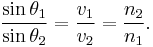 \frac{\sin\theta_1}{\sin\theta_2} = \frac{v_1}{v_2} = \frac{n_2}{n_1} .